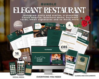 Complete Elegant Restaurant Business Bundle | Canva Templates, Social Media Kit, Canva Website | Hospitality Marketing & Branding Tools