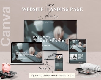 May include: Canva website landing page template for accounting services. The template features a professional design with a blurred image of a person working on a laptop. The text "Professional Accounting Services Tailored to Your Needs" is displayed on the page. The template is available for purchase on Etsy.