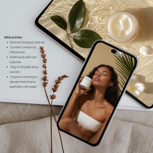 Who is it for:
Skincare & beauty brands
 Content creators & influencers
Wellness & self-care coaches
  Etsy or Shopify shop owners
  Anyone wanting to elevate their brand aesthetic with ease!