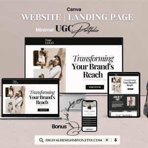 Puede incluir: Una maqueta de una página de aterrizaje de un sitio web con el texto "Transforming Your Brand's Reach" y una llamada a la acción para "Work With Me". El sitio web está diseñado en un estilo minimalista con colores blanco y negro. La imagen también incluye un gráfico de bonificación con el texto "Bonus" y un enlace a un sitio web.