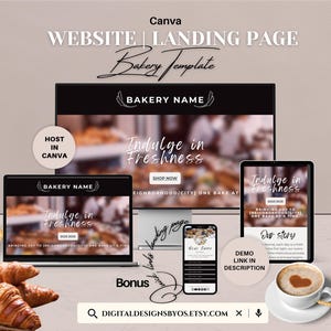 Bakery Website Canva Template | Customizable Landing Page Design in Warm & Inviting Colors | Showcase Signature Bakes, Services and Reviews