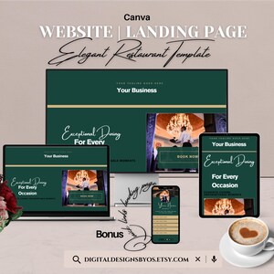 Elegancki szablon witryny Canva dla restauracji | Dostosowywalna strona docelowa w kolorze ciemnozielonym i złotym | Idealny do menu, wydarzeń i zamówień online