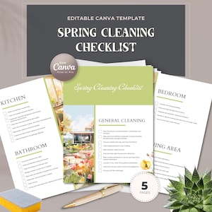 May include: A spring cleaning checklist template with the text "Spring Cleaning Checklist" and "Editable Canva Template". The checklist includes sections for the kitchen, bathroom, bedroom, and living area.