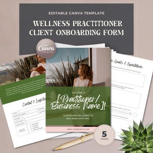 Könnte beinhalten: Ein Stapel von fünfseitigen Wellness-Praktiker-Onboarding-Formularen für Kunden. Die Formulare haben ein grünes und rosa Farbschema mit dem Text "Willkommen bei [Praktiker/Firmenname]!" und "Ihre persönliche Reise zum Wohlbefinden beginnt hier."
