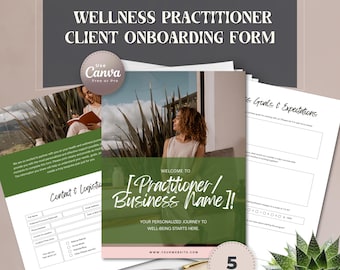 Op de afbeelding: Een set van vijf pagina's tellende onboarding-formulieren voor wellness-beoefenaars. De formulieren hebben een groen en roze kleurenschema met de tekst "Welkom bij [Beoefenaar/Bedrijfsnaam]!" en "Uw persoonlijke reis naar welzijn begint hier."