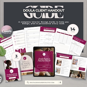 May include: A doula client handout guide with the text "DOULA CLIENT HANDOUT GUIDE". The guide includes 14 pages and 3 covers. The guide is designed to help with interior design. A tablet and a cup of coffee are also in the image.