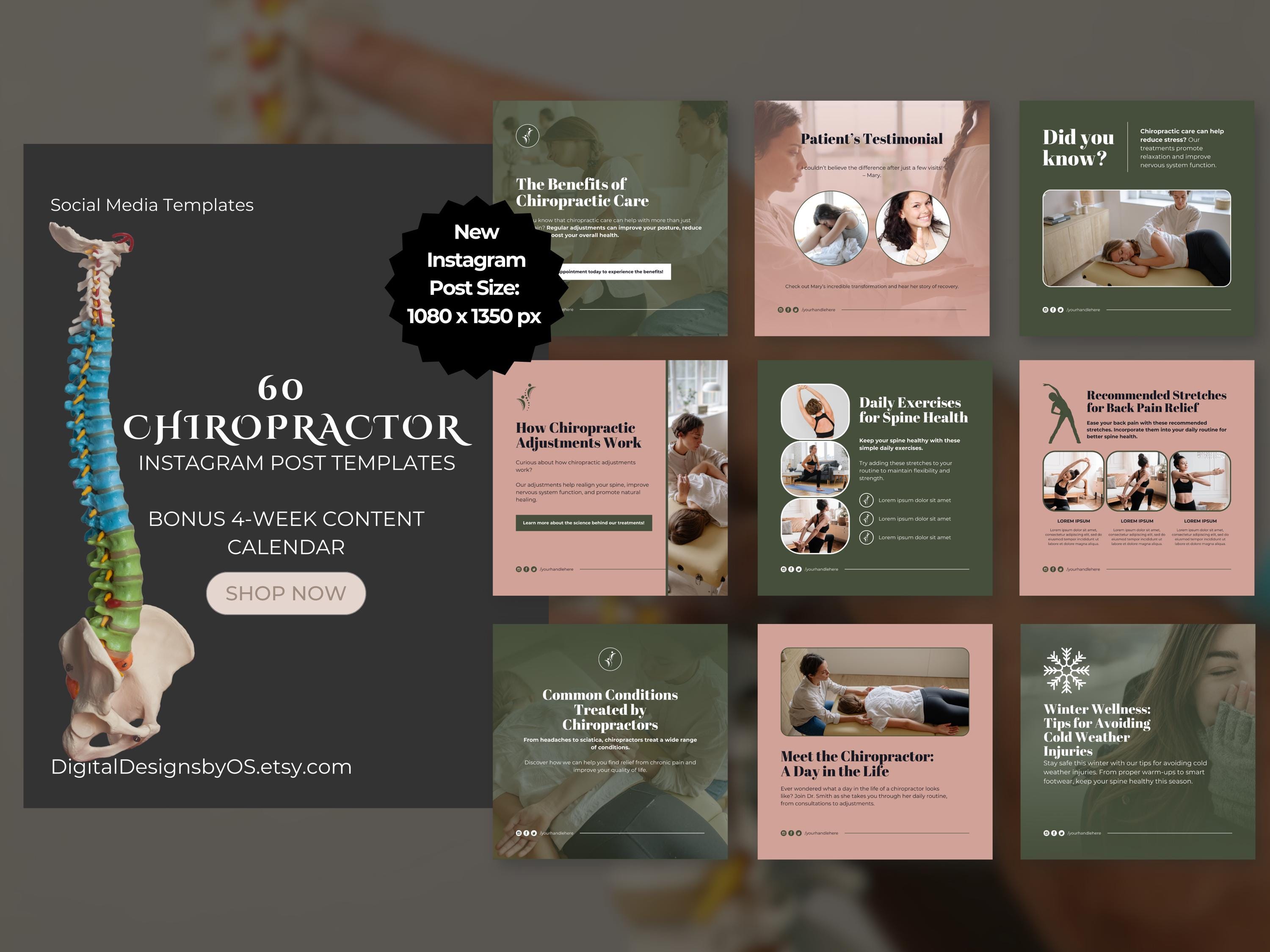 60 Chiropractor Instagram Post Templates | Social Media Canva Templates + Bonus Content Calendar