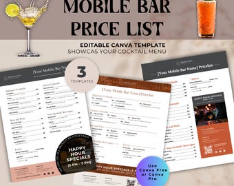 3 Mobile Bar Preisliste Canva Vorlage | Bearbeitbare Getränkekarte | Bar & Cocktailkarte für Events | Druckbares Bar Preisblatt PDF