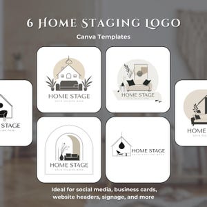 Könnte beinhalten: Das Bild zeigt sechs minimalistische Home-Staging-Logo-Designs. Jedes Logo ist ein Quadrat mit einem einzigartigen Design, das Häuser, Sofas und Pflanzen zeigt. Der Text "6 HOME STAGING LOGO" und "Canva Templates" stehen oben. Der Text unten lautet "Ideal for social media, business cards, website headers, signage, and more."