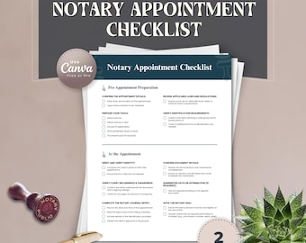 Notary Appointment Checklist | 2 Page Editable Canva Template | Notary Public Preparation & Post Appointment Steps | Signing Agent Form