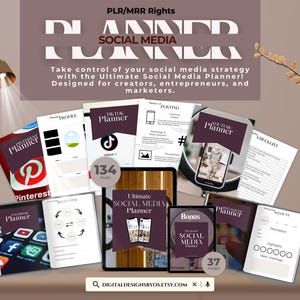 Può includere: Una collezione di modelli di planner per i social media con copertine viola. I planner sono progettati per TikTok, YouTube, Instagram, Pinterest e Facebook. Il testo sulla copertina recita "Ultimate Social Media Planner" e "Bonus Social Media Planner".