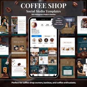 100 Ultimate Coffee Shop Social Media  Canva Templates | 50 Instagram Posts and 50 Stories for Cafés & Coffee Lovers