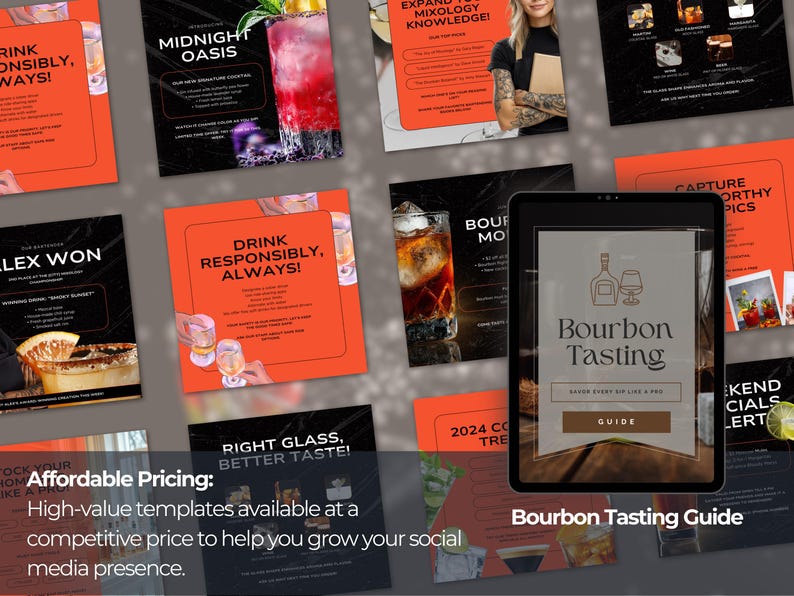 Affordable Pricing: 
High-value templates available at a competitive price to help you grow your social media presence.
30 Instagram post templates for bartenders, bars, and cocktail businesses
Bourbon Tasting Guide