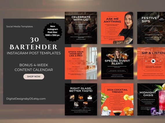 30 Bartender Instagram Post Templates + Bonus Content Calendar | Editable Canva Designs for Bars, Mixologists, Cocktail Promotions