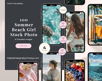 100 Summer Beach Girl AI Stock Photos | Faceless Tropical Aesthetic for Social Media | PLR & MRR