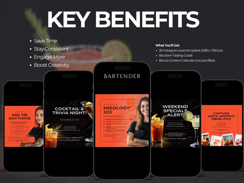 Save time with pre-made, ready-to-use templates
Increase engagement and grow your following
Consistent, professional look across your feed
Easy to edit and adapt for your unique brand
No software needed – everything is editable in Canva
   What You’ll Get:
30 Instagram post templates (1080 x 1350 px).
Bourbon Tasting Guide 12 pg
Bonus Content Calendar (not pre-filled)