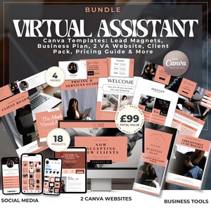 Paquete de herramientas para asistentes virtuales / Plantillas de Canva: imanes de clientes potenciales, plan de negocios, sitio web de asistente virtual, paquete para clientes, guía de precios y más