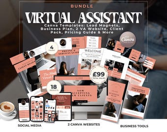 Virtual Assistant Business Tools Bundle | Canva Templates: Lead Magnets, Business Plan, VA Website, Client Pack, Pricing Guide & More