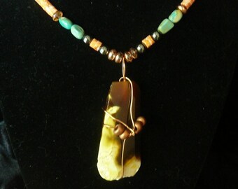 Agate Pendant with Turquoise, Spiny Oyster, and Hematite Necklace