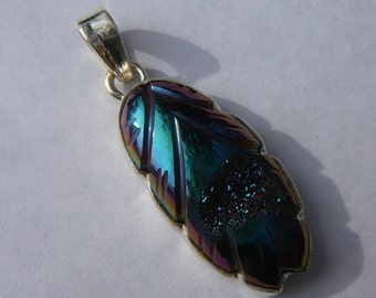 Hand-Carved Titanium Druzy Feather Pendant - Sterling Silver - Cobalt Blue