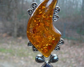 SALE - Amber Pendant with Hematite & Sunstone - Sterling Silver plus Choker Chain