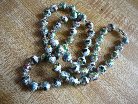 Cloisonne Enamel Bead Necklace - Hand-Knotted - V… - image 5