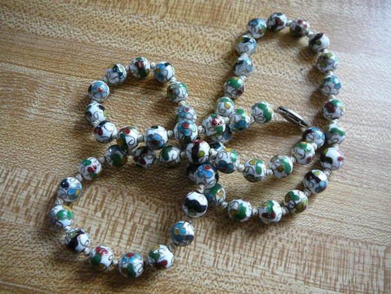 Cloisonne Enamel Bead Necklace - Hand-Knotted - V… - image 2