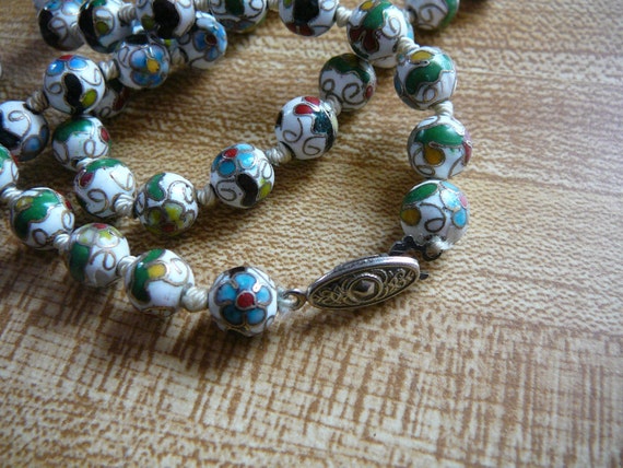 Cloisonne Enamel Bead Necklace - Hand-Knotted - V… - image 3