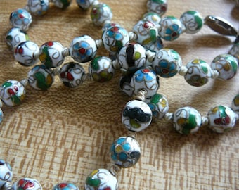 Cloisonne Enamel Bead Necklace - Hand-Knotted - VINTAGE