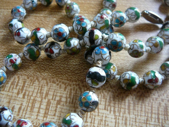 Cloisonne Enamel Bead Necklace - Hand-Knotted - V… - image 1