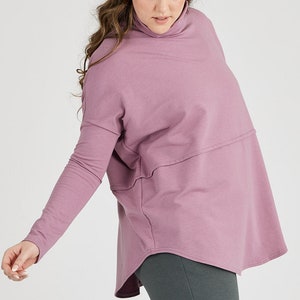 oman wearing Tencel oversized turtleneck in pink, Canadian made women's loungewear, front