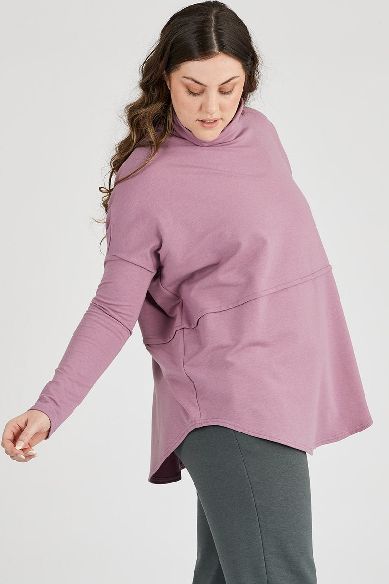 oman wearing Tencel oversized turtleneck in pink, Canadian made women's loungewear, front