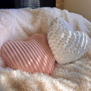 Handmade Heart Shaped Pillows for Valentine’s Day & Mother’s Day, Pink White Iridescent 15", Soft Shell Filling Plush Faux Fur Cushion