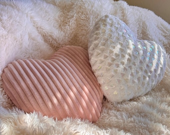 Handmade Heart Shaped Pillows for Valentine’s Day & Mother’s Day, Pink White Iridescent 15", Soft Shell Filling Plush Faux Fur Cushion