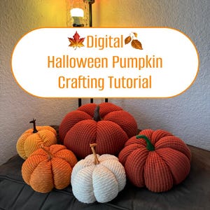 Peut inclure: Cinq citrouilles en tissu de différentes couleurs, dont orange, rouge et blanc. Les citrouilles sont toutes cousues avec une texture côtelée. Les citrouilles sont disposées sur une surface sombre. Le texte "Digital Halloween Pumpkin Crafting Tutorial" est affiché dans un ovale blanc au-dessus des citrouilles.