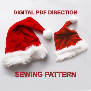 May include: Two red Santa hats with white faux fur trim and white pom-poms. The hats are displayed on a white background. Text at the top reads "DIGITAL PDF DIRECTION" and text at the bottom reads "SEWING PATTERN".