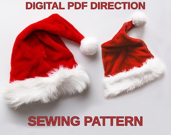 PDF Digital Direction and Sewing Pattern DIY Fabric Fluffy Christmas Santa Claus Hat Tutorial Instruction in English Spanish 2 sizes