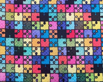 Tela de algodón con piezas de rompecabezas NUEVA cortada a medida Tela de concienciación sobre el autismo Tela de rompecabezas