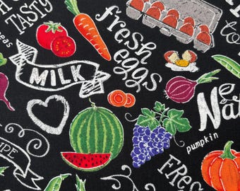 Modern Fruit and Vegtables Tossed Fabric NEW BTY Cotton Fabric Black Fabric Tossed Eggs Watermelon Grapes Carrots Fabric Apron Fabric