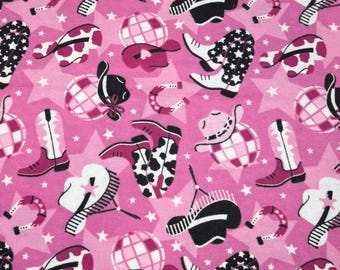 Cowgirl Flannel Fabric NEW Sold By The Yard Disco Ball Pink Fabric pink Cowgirl Fabric