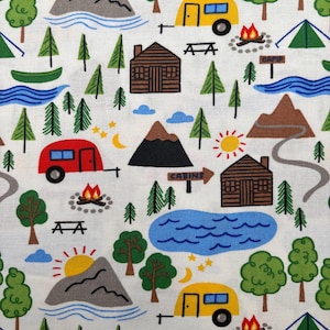 Camping Outdoor Adventure Cotton Fabric 1 Yard NEW Lake Camping Mountains Fabric