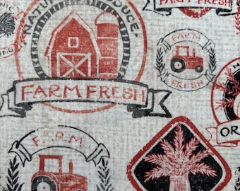 Farmhouse Farm Fresh Fabric NEW BTY,  Rooster Tractor Napkins Linens Farmhouse Table Fabric