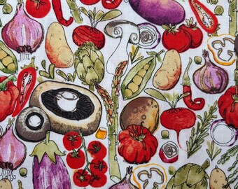 Modern Vegtables Tossed Fabric NEW BTY Cotton Fabric White Fabric Tossed Mushrooms Asparagus Tomatoes Turnips