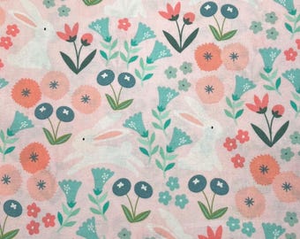 Bunny Pink Floral Cotton Fabric BTY NEW Spring Floral Fabric Easter Fabric Bunny Nursery Fabric
