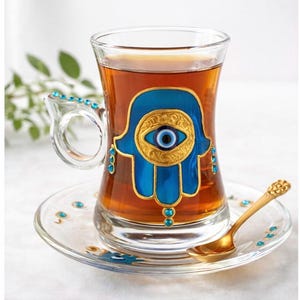 Luxury Turkish Tea Glass – Handmade Evil Eye and Hamsa  Design
