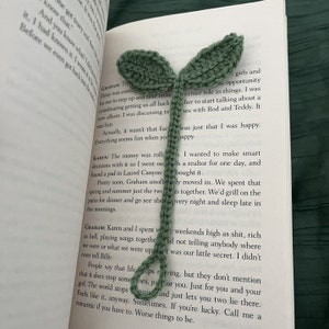Op de afbeelding: Een groene gehaakte bladwijzer in de vorm van een plant met twee bladeren. De bladwijzer ligt op een open boek met tekst over een nieuw album van een band.
