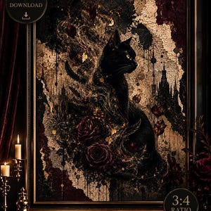 Puede incluir: Una impresión artística digital enmarcada que presenta un gato negro con ojos amarillos, rodeado de rosas rojas oscuras y detalles dorados. La obra de arte tiene una estética gótica, con una silueta de castillo en el fondo. Se ven las palabras "DESCARGA DIGITAL" y "3:4 RATIO".