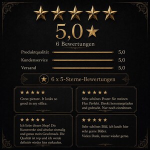 Puede incluir: Un gr&aacute;fico de resumen de rese&ntilde;as en negro con cinco estrellas doradas y una calificaci&oacute;n de 5,0. Muestra 6 valoraciones, con puntuaciones de 5,0 en calidad del producto, atenci&oacute;n al cliente y env&iacute;o. Incluye texto en ingl&eacute;s y alem&aacute;n sobre opiniones.