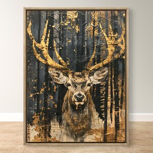 Black Gold Stag Wall Art Printable, Deer Wall Art, Moody Forest Animal Print, Rustic Cabin Decor, Vintage Buck Poster, 3:4 Digital Download