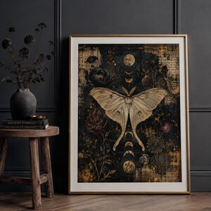 Arte mural de la polilla Luna, lámina botánica oscura, póster gótico de la luna, decoración caprichosa, arte imprimible de la academia oscura, descarga digital imagen 6